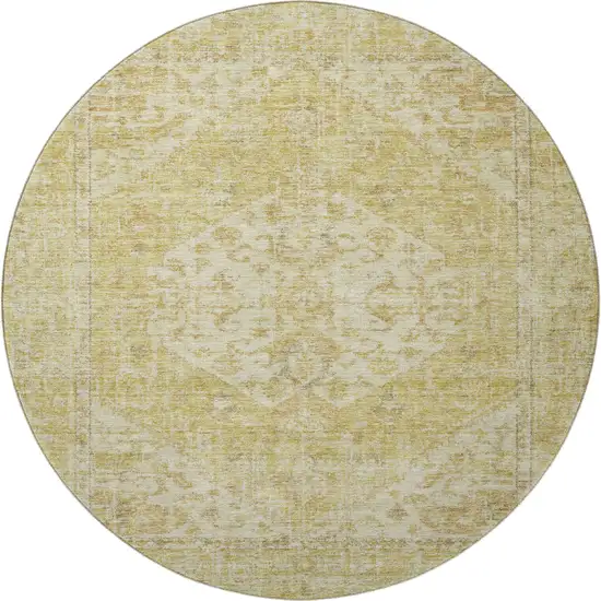 8' Gold And Beige Medallion Washable Round Rug With UV Protection Photo 3