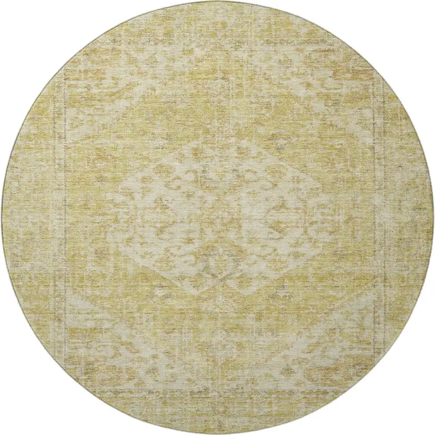 8' Gold And Beige Medallion Washable Round Rug With UV Protection Photo 3