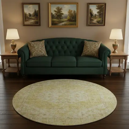 8' Gold And Beige Medallion Washable Round Rug With UV Protection Photo 2