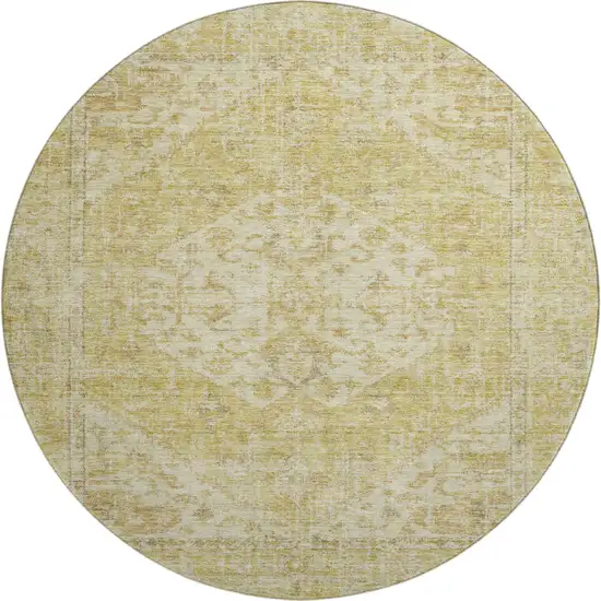8' Gold And Beige Medallion Washable Round Rug With UV Protection Photo 1