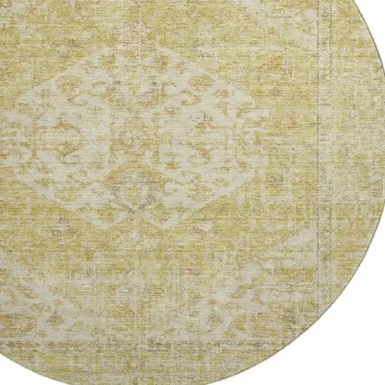 8' Gold And Beige Medallion Washable Round Rug With UV Protection Photo 3