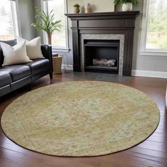 8' Gold And Beige Medallion Washable Round Rug With UV Protection Photo 4