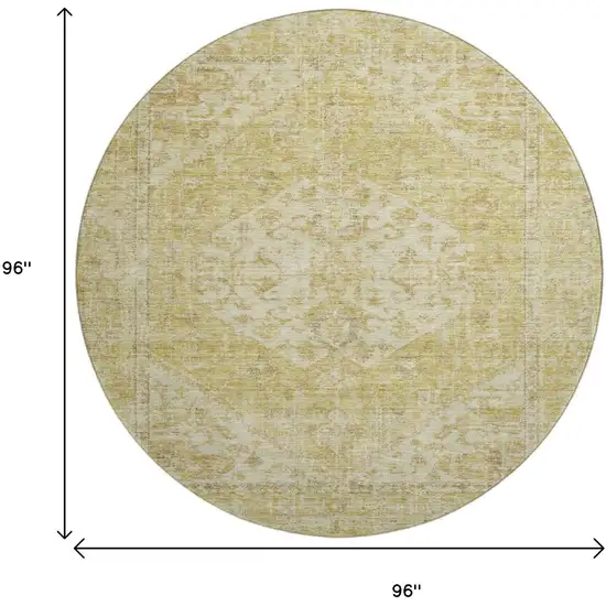 8' Gold And Beige Medallion Washable Round Rug With UV Protection Photo 9