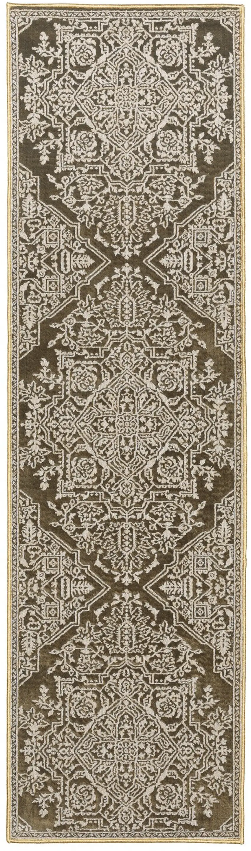 8' Gold And Beige Oriental Runner Rug Photo 2