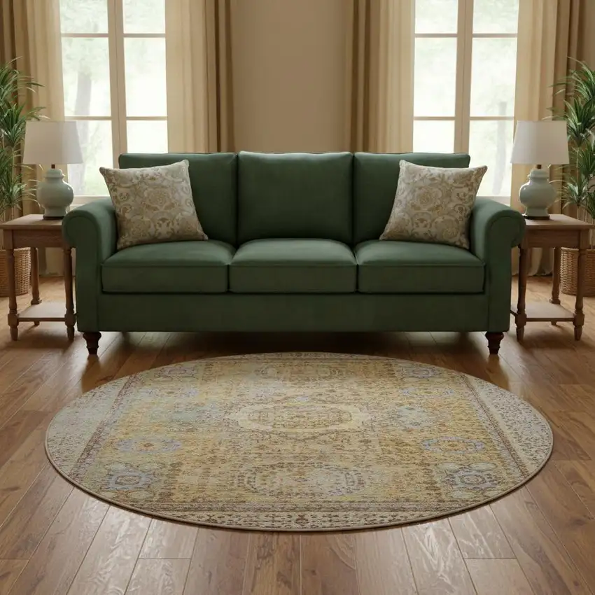 8' Gold And Beige Oriental Washable Round Rug With UV Protection Photo 2