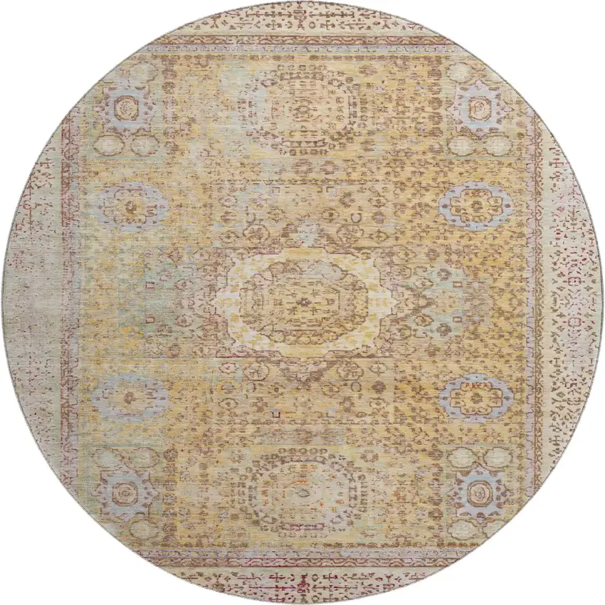 8' Gold And Beige Oriental Washable Round Rug With UV Protection Photo 1
