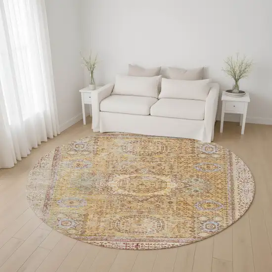 8' Gold And Beige Oriental Washable Round Rug With UV Protection Photo 4