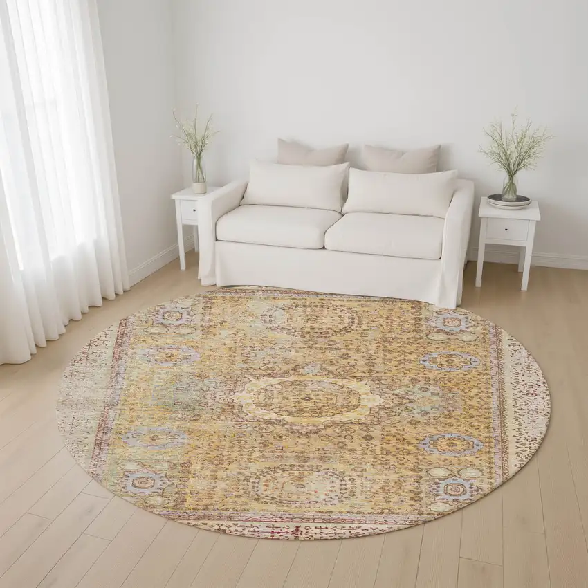 8' Gold And Beige Oriental Washable Round Rug With UV Protection Photo 4