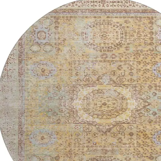 8' Gold And Beige Oriental Washable Round Rug With UV Protection Photo 2