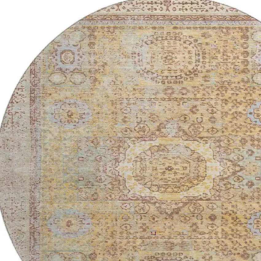 8' Gold And Beige Oriental Washable Round Rug With UV Protection Photo 2