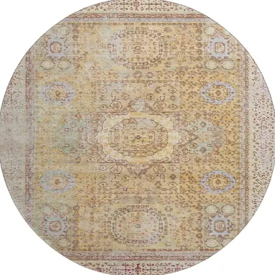 8' Gold And Beige Oriental Washable Round Rug With UV Protection Photo 3