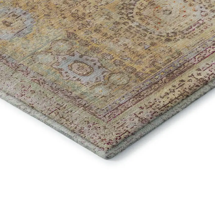 8' Gold And Beige Oriental Washable Round Rug With UV Protection Photo 6