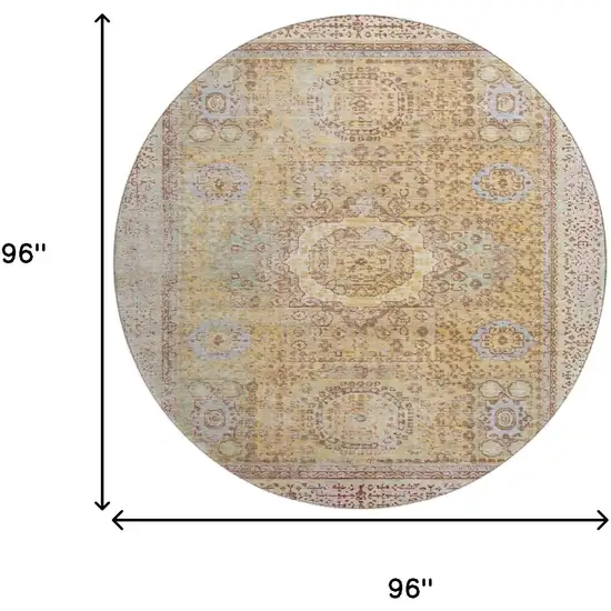 8' Gold And Beige Oriental Washable Round Rug With UV Protection Photo 9