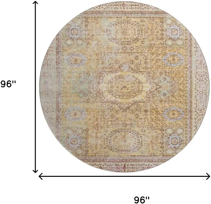 8' Gold And Beige Oriental Washable Round Rug With UV Protection Photo 9
