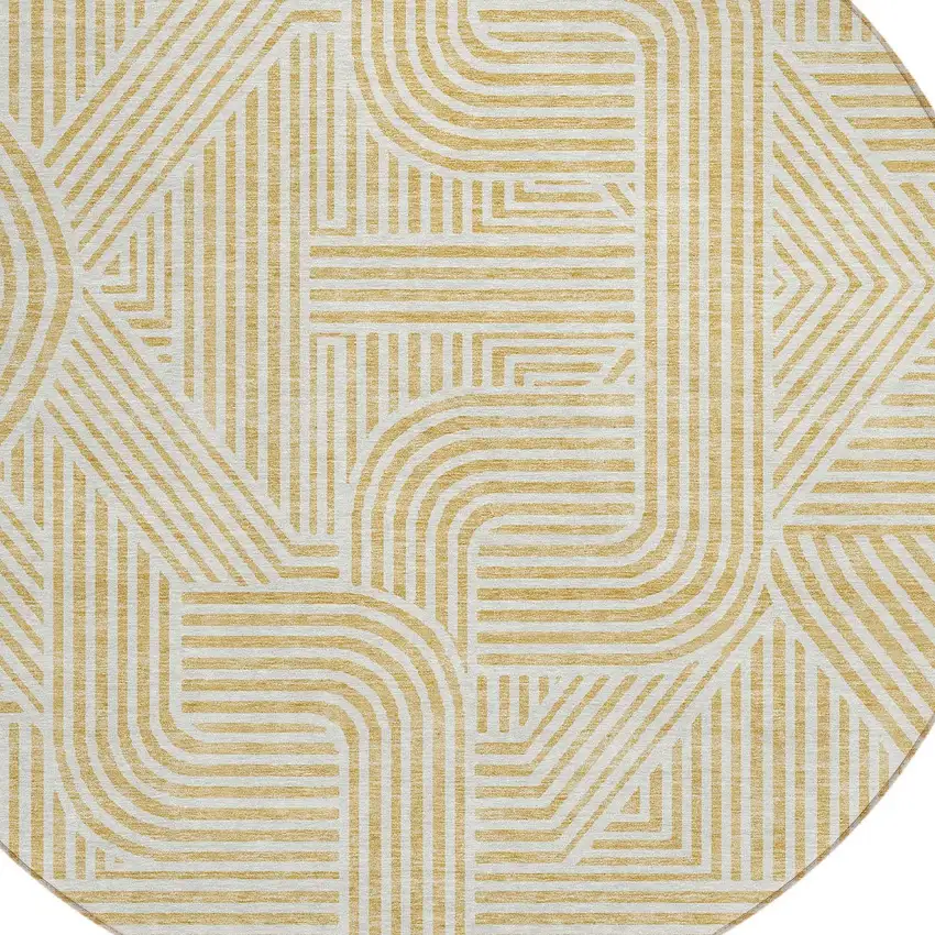 8' Gold And Beige Round Abstract Washable Indoor Outdoor Area Rug Photo 5