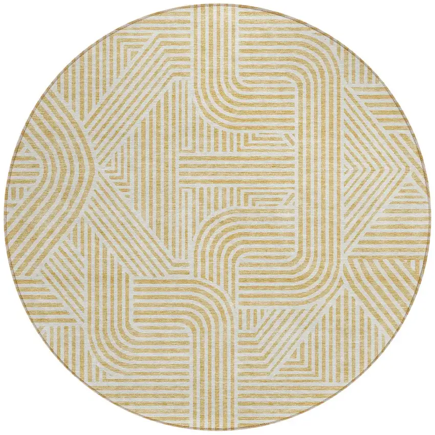 8' Gold And Beige Round Abstract Washable Indoor Outdoor Area Rug Photo 6