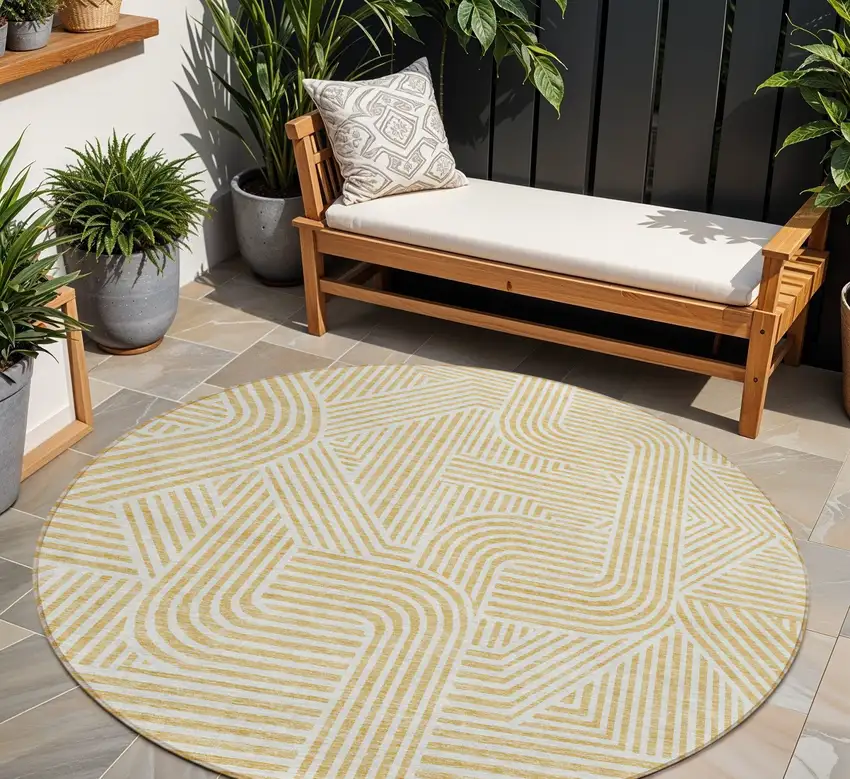8' Gold And Beige Round Abstract Washable Indoor Outdoor Area Rug Photo 1