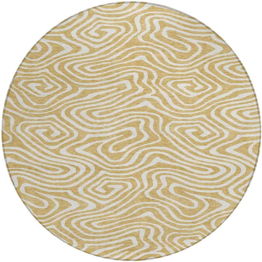 8' Gold And Beige Round Abstract Washable Indoor Outdoor Area Rug Photo 2