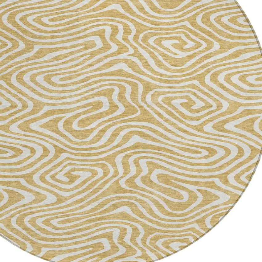 8' Gold And Beige Round Abstract Washable Indoor Outdoor Area Rug Photo 5