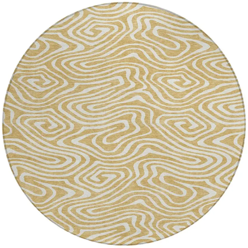 8' Gold And Beige Round Abstract Washable Indoor Outdoor Area Rug Photo 6