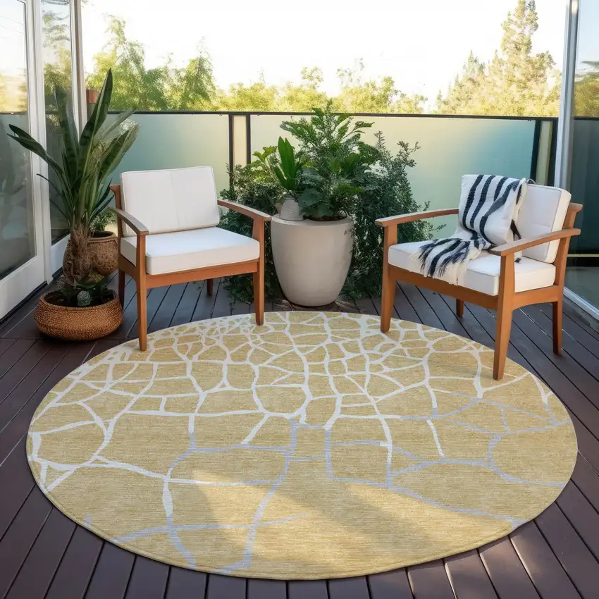 8' Gold And Beige Round Abstract Washable Indoor Outdoor Area Rug Photo 6