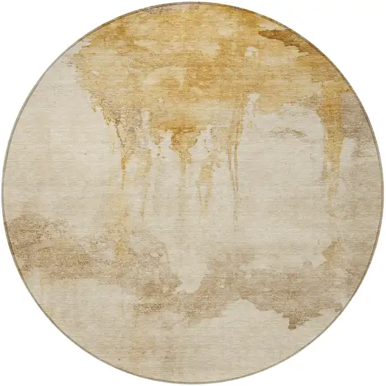8' Gold And Beige Round Abstract Washable Indoor Outdoor Area Rug Photo 4