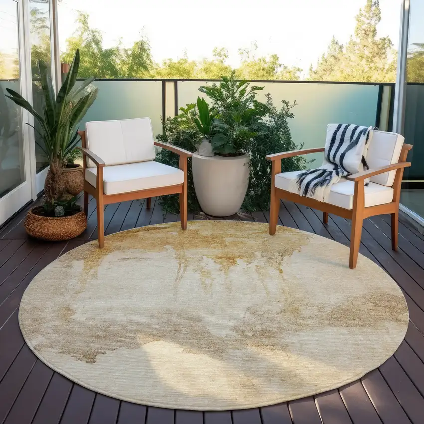 8' Gold And Beige Round Abstract Washable Indoor Outdoor Area Rug Photo 6