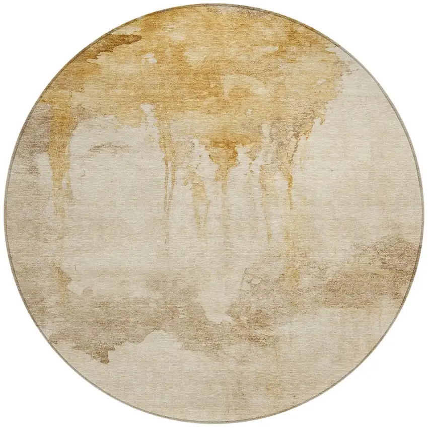 8' Gold And Beige Round Abstract Washable Indoor Outdoor Area Rug Photo 3