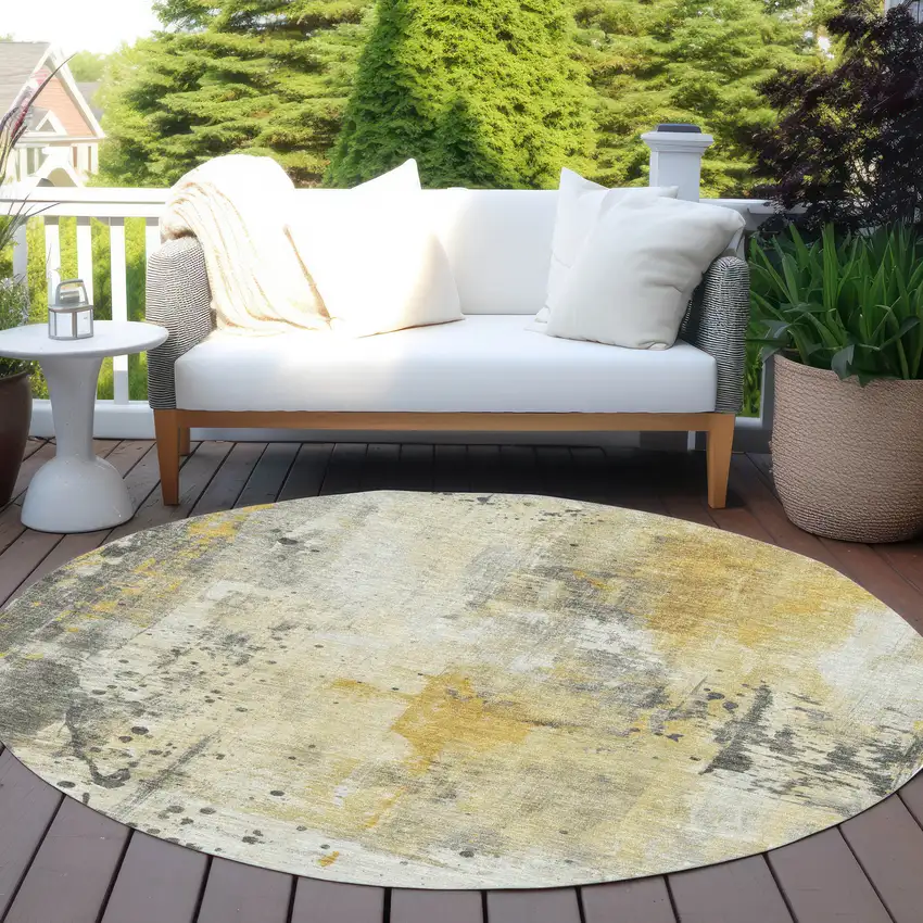 8' Gold And Beige Round Abstract Washable Indoor Outdoor Area Rug Photo 6