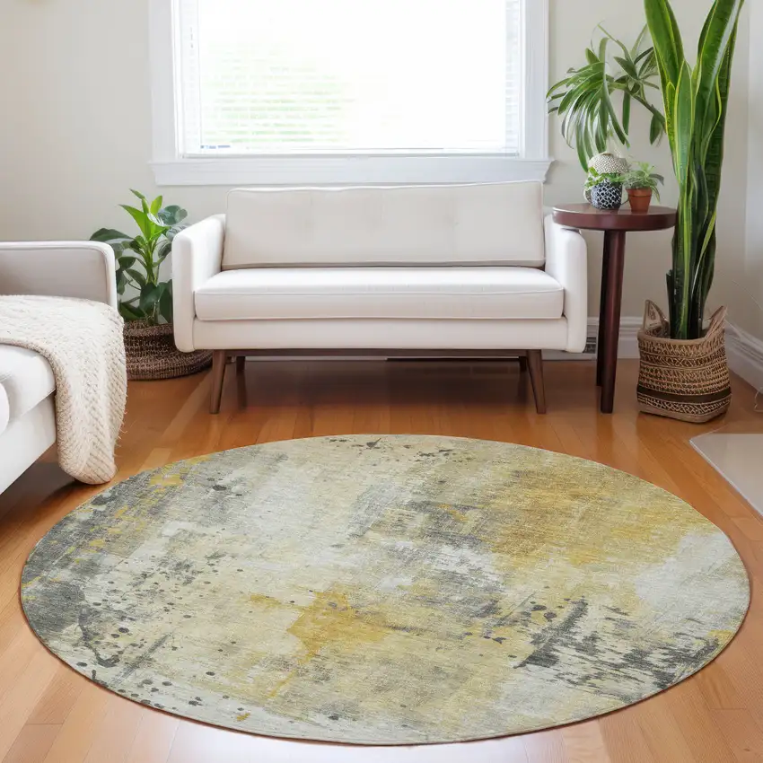 8' Gold And Beige Round Abstract Washable Indoor Outdoor Area Rug Photo 7