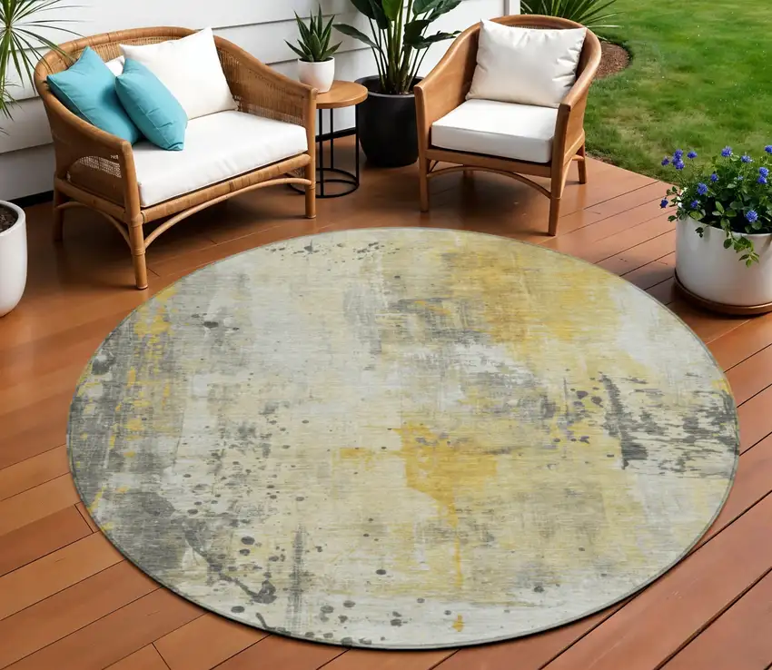 8' Gold And Beige Round Abstract Washable Indoor Outdoor Area Rug Photo 2