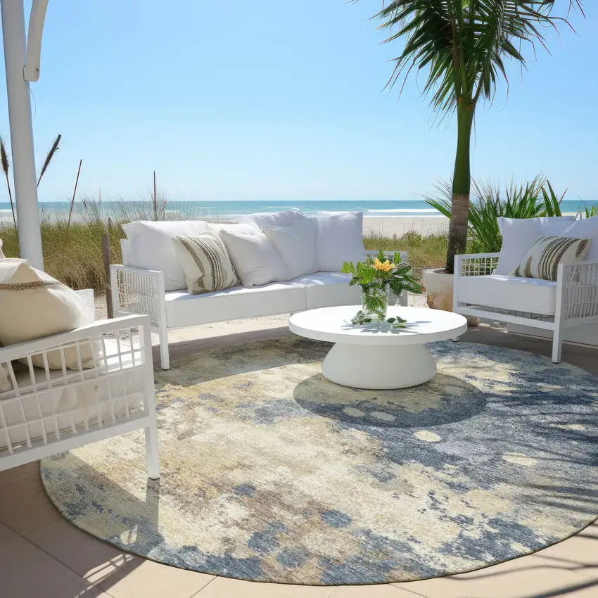 8' Gold And Beige Round Abstract Washable Indoor Outdoor Area Rug Photo 5