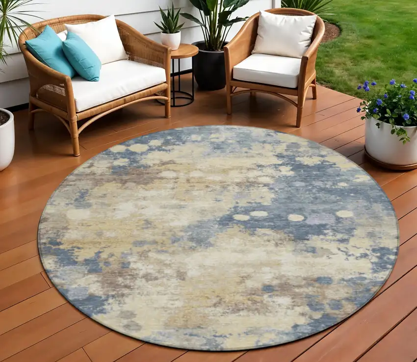 8' Gold And Beige Round Abstract Washable Indoor Outdoor Area Rug Photo 2