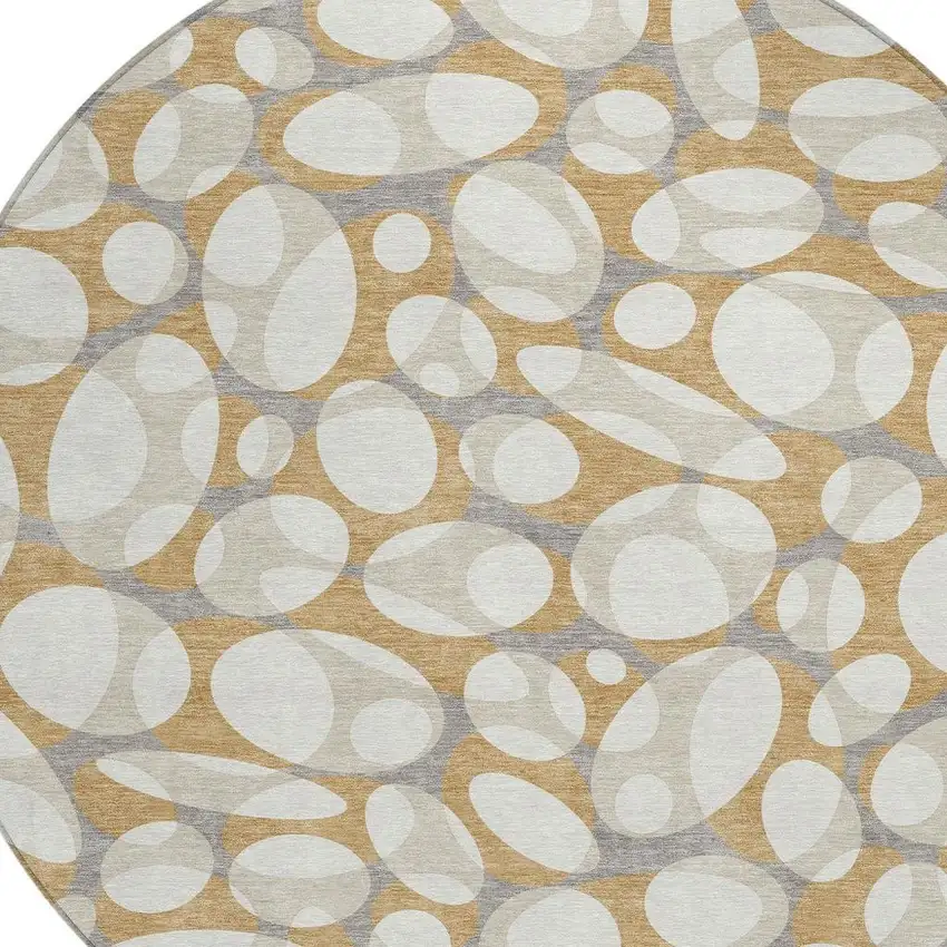8' Gold And Beige Round Abstract Washable Indoor Outdoor Area Rug Photo 2