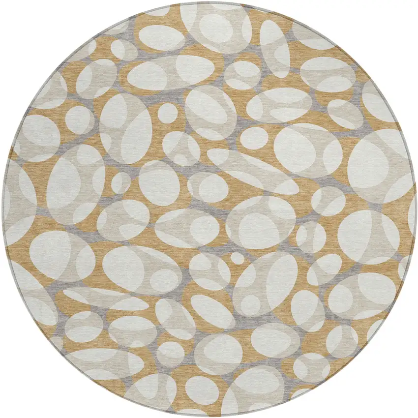 8' Gold And Beige Round Abstract Washable Indoor Outdoor Area Rug Photo 1