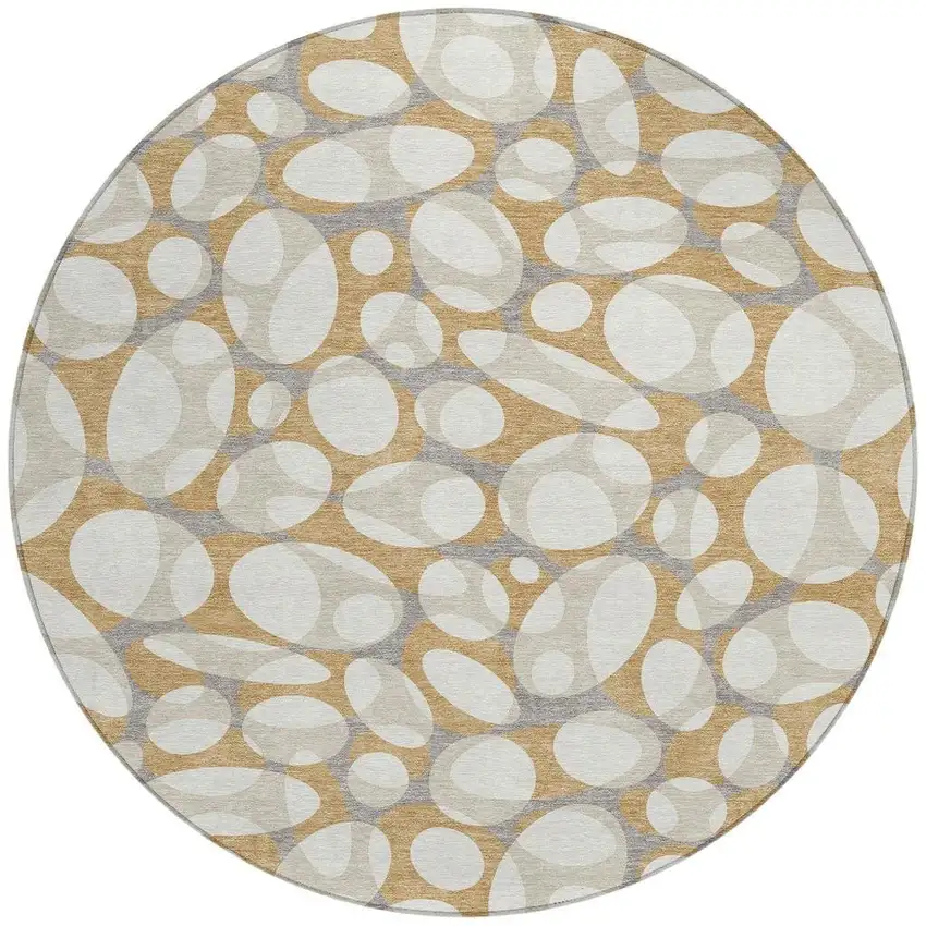 8' Gold And Beige Round Abstract Washable Indoor Outdoor Area Rug Photo 3