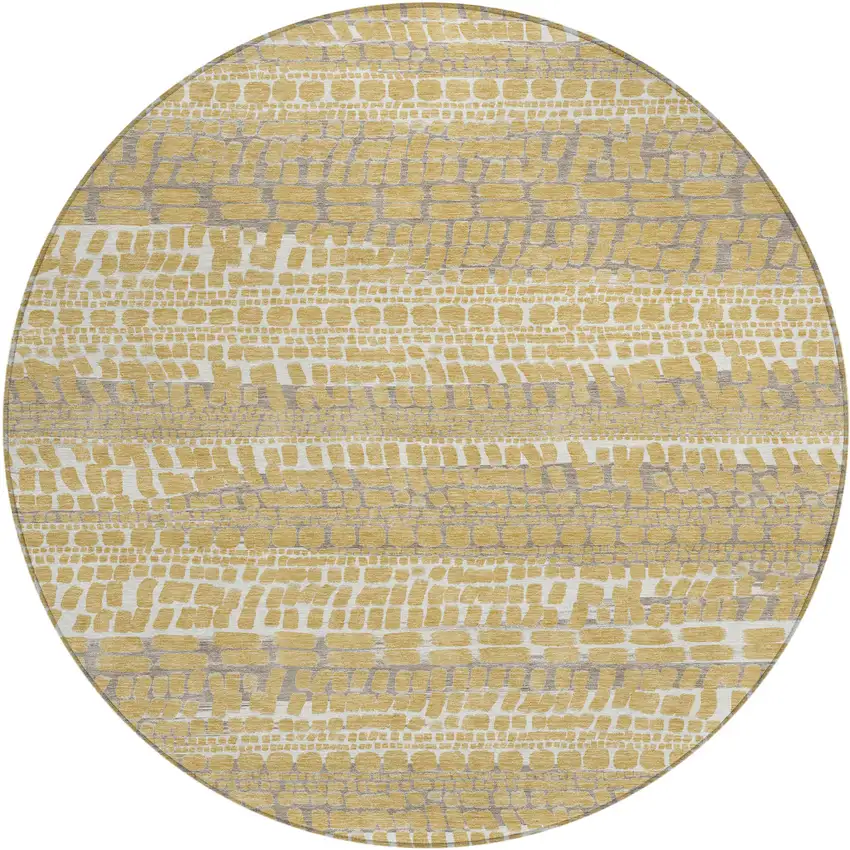 8' Gold And Beige Round Abstract Washable Indoor Outdoor Area Rug Photo 1