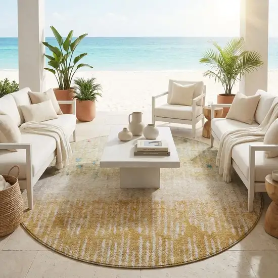 8' Gold And Beige Round Abstract Washable Indoor Outdoor Area Rug Photo 1