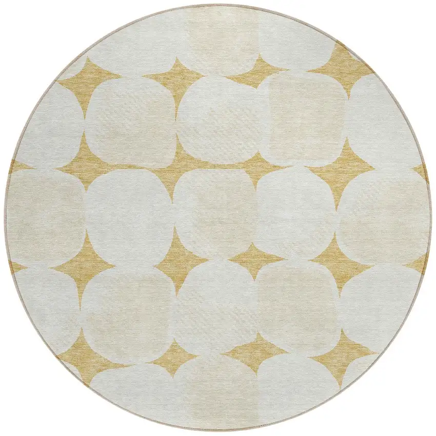 8' Gold And Beige Round Abstract Washable Indoor Outdoor Area Rug Photo 6