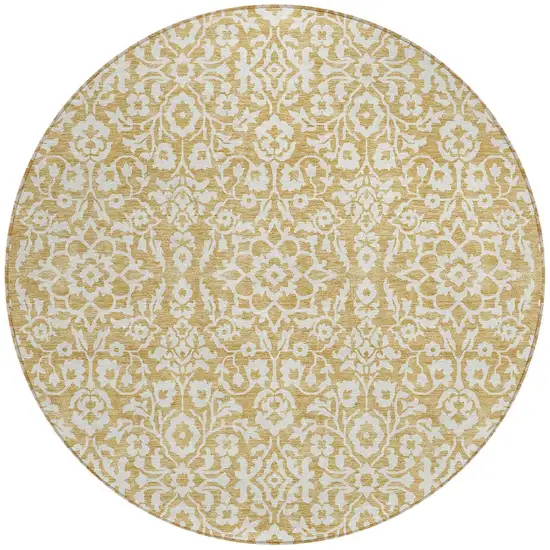 8' Gold And Beige Round Damask Washable Indoor Outdoor Area Rug Photo 4