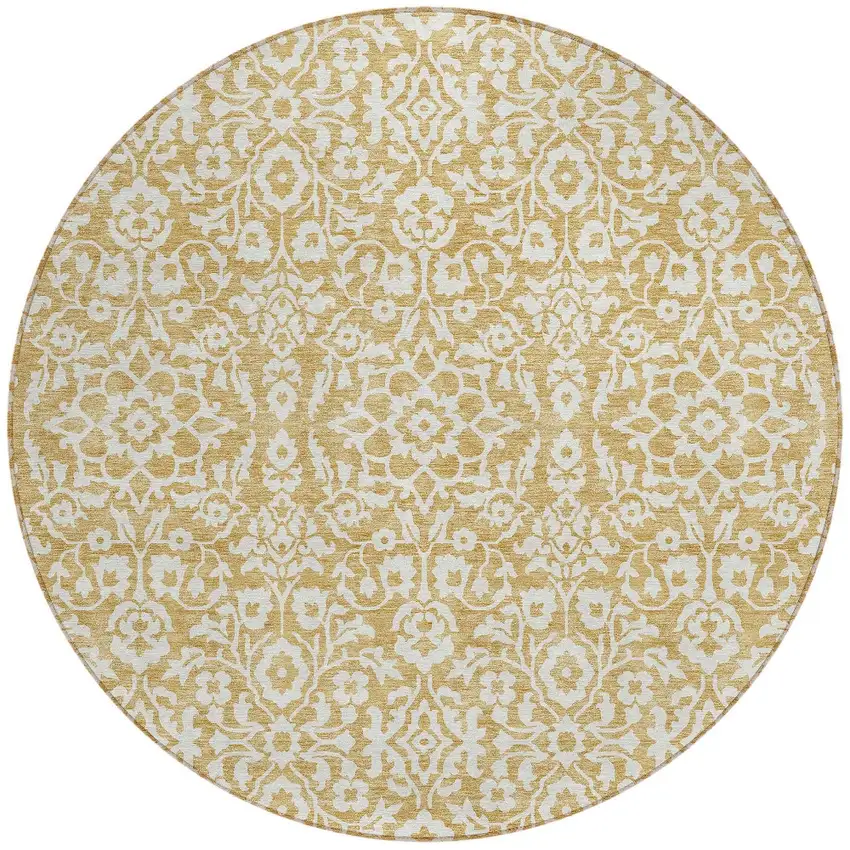 8' Gold And Beige Round Damask Washable Indoor Outdoor Area Rug Photo 4
