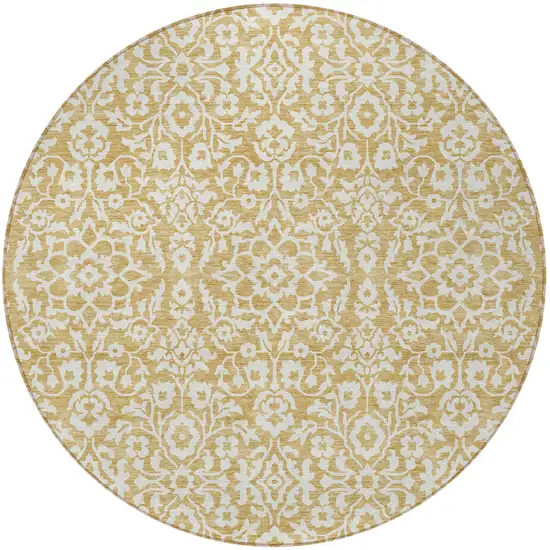 8' Gold And Beige Round Damask Washable Indoor Outdoor Area Rug Photo 5