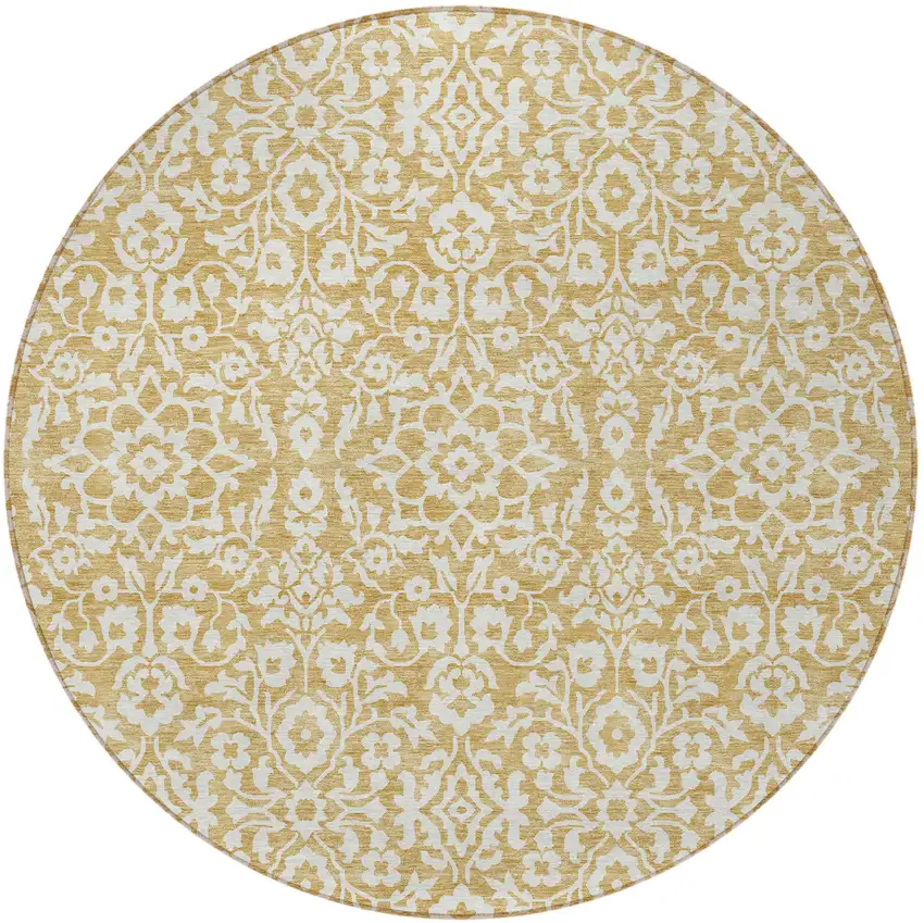 8' Gold And Beige Round Damask Washable Indoor Outdoor Area Rug Photo 5