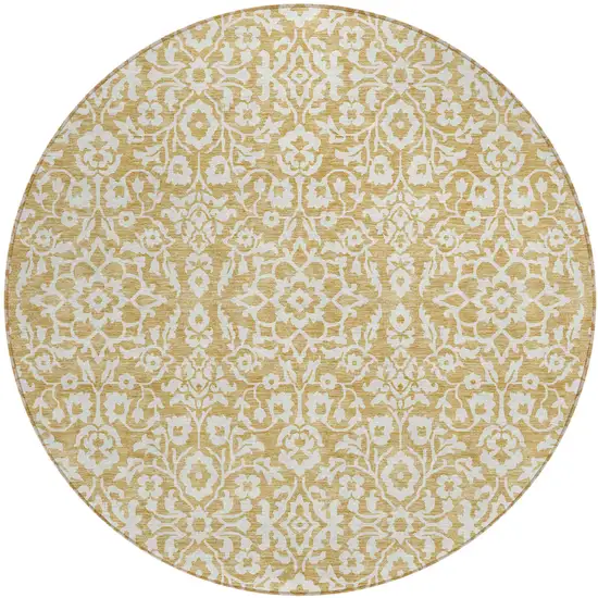 8' Gold And Beige Round Damask Washable Indoor Outdoor Area Rug Photo 2