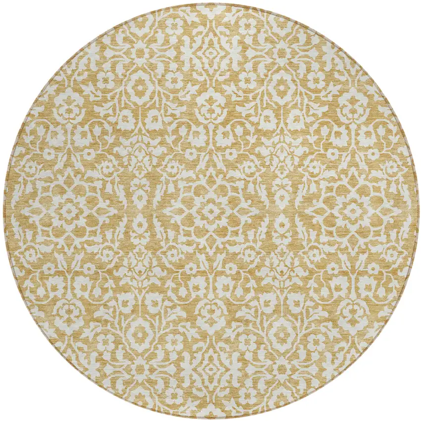 8' Gold And Beige Round Damask Washable Indoor Outdoor Area Rug Photo 2
