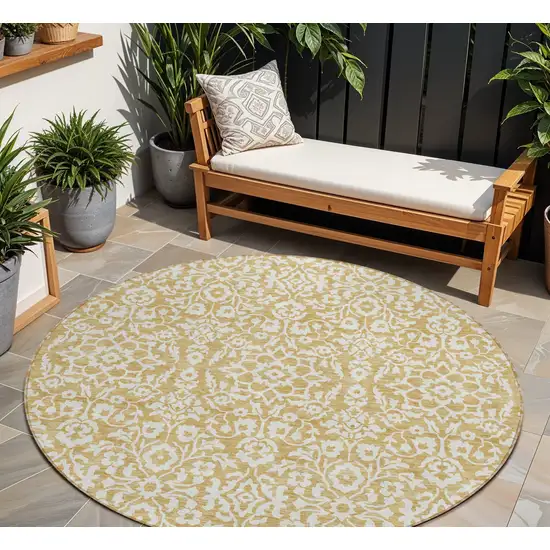 8' Gold And Beige Round Damask Washable Indoor Outdoor Area Rug Photo 1