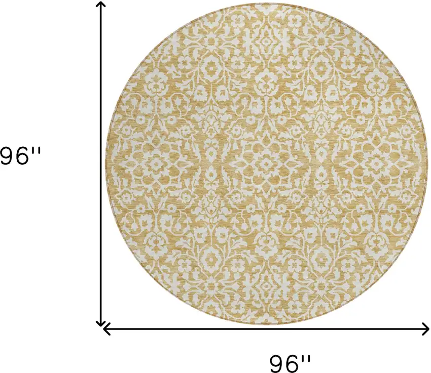 8' Gold And Beige Round Damask Washable Indoor Outdoor Area Rug Photo 3