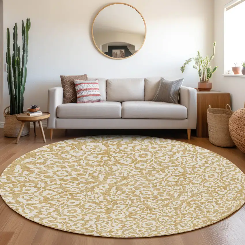 8' Gold And Beige Round Damask Washable Indoor Outdoor Area Rug Photo 7