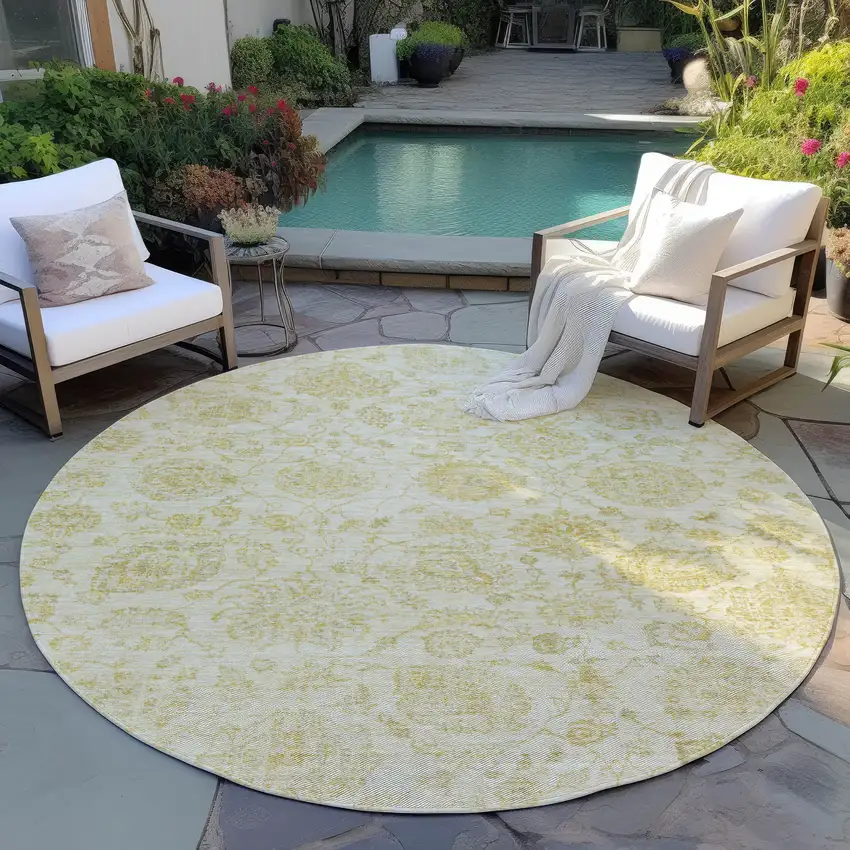 8' Gold And Beige Round Damask Washable Indoor Outdoor Area Rug Photo 5