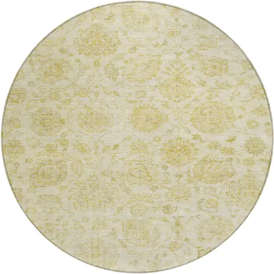 8' Gold And Beige Round Damask Washable Indoor Outdoor Area Rug Photo 1